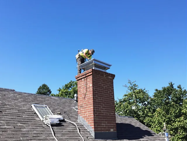 Hanover Chimney Sweep technician measuring a chimney cap in Hanover, MA