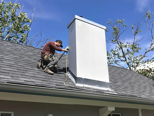Hanover Chimney Sweep team member finishing chimney construction in Hanover, MA