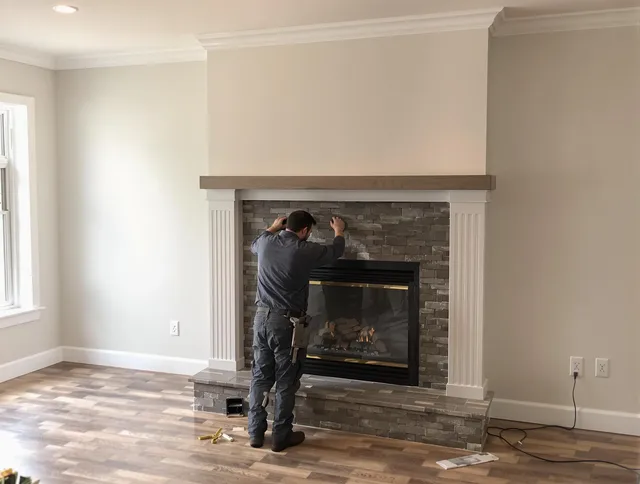 Hanover Chimney Sweep finishing a custom fireplace install in Hanover, MA